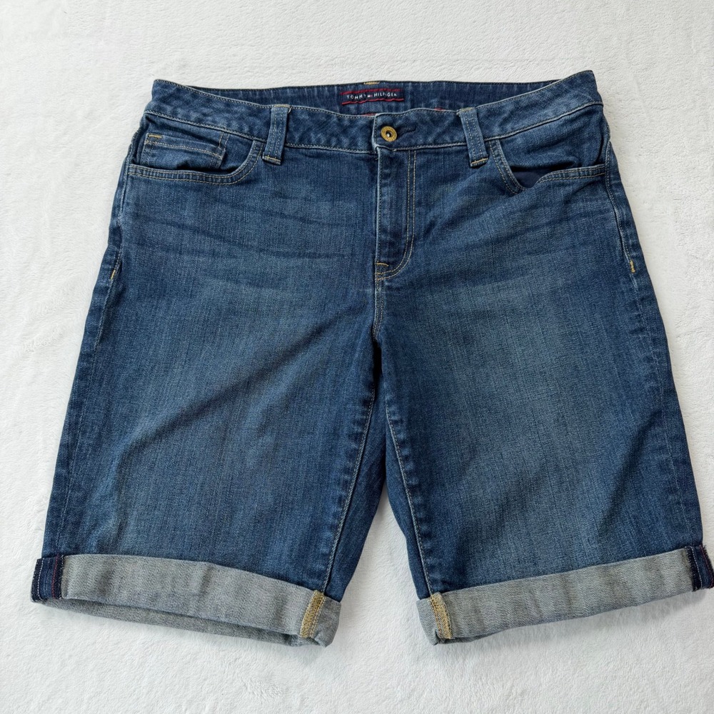 Tommy Hilfiger Denim Bermuda Shorts Womens 12 Blue‎ Good Cuffed Stretch Mid Rise